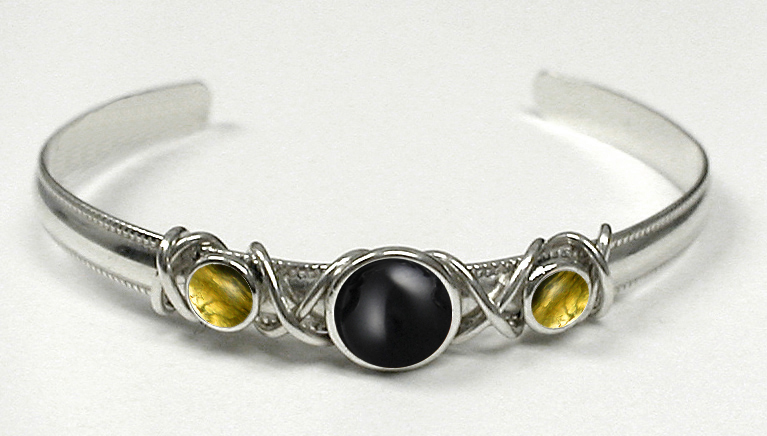 Sterling Silver Hand Made Cuff Bracelet With Black Onyx And Citrine